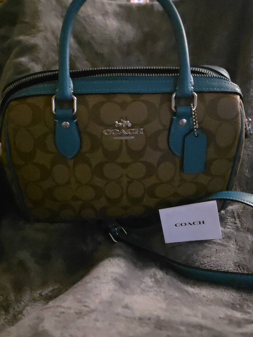 Coach Signature Canvas Satchel with Teal Trim and Handles